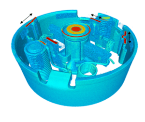 repésentation 3D des écarts géométriques entre la pièce dessinée et la pièce contrôlée