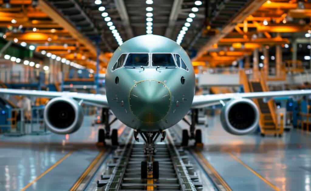 Un avion sur une chaine d'assembalge: les composants ont été contrôlés de manière non-destructive avant montage, les matériaux mis au point d'après une caractérisation poussé de leur microstructure, des analyses de santé matière, des essais in situ.
